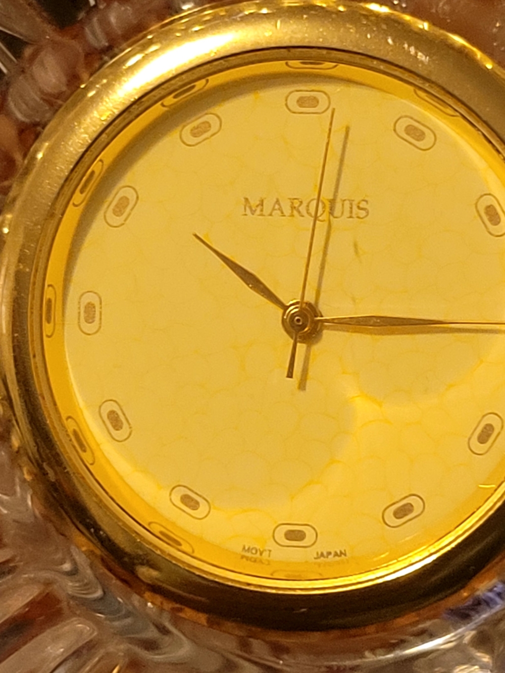 Vintage Marquis Gold Tone Round Waterford Crystal Desk Clock Yellow Dial - Runs